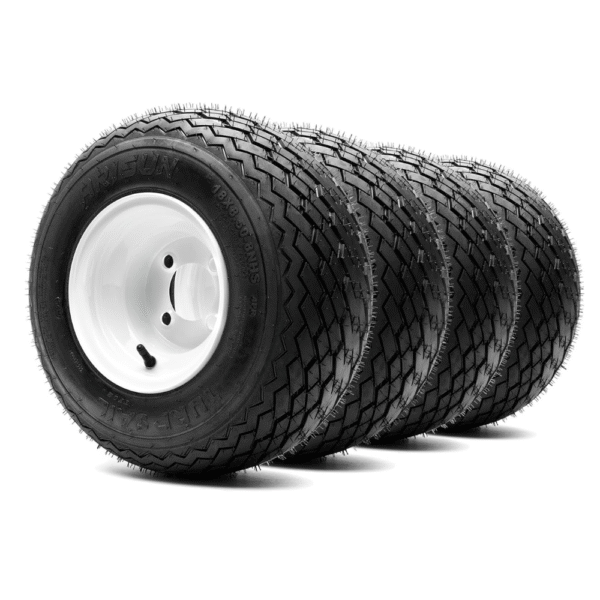 8" Steel Golf Cart Wheels Glossy White and Arisun Turf Sail (18/8.5-8) Golf Cart Tires