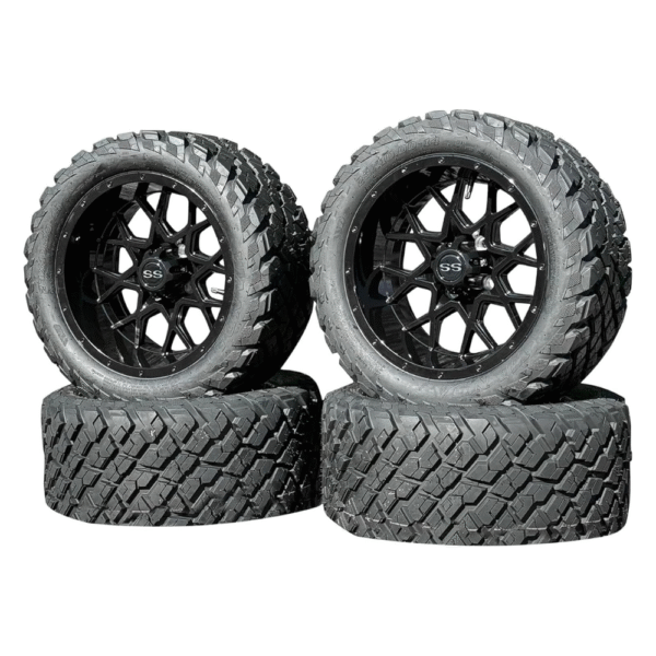 14 Inch Glossy Black Fusion Golf Cart Wheels & Tires Set of 4